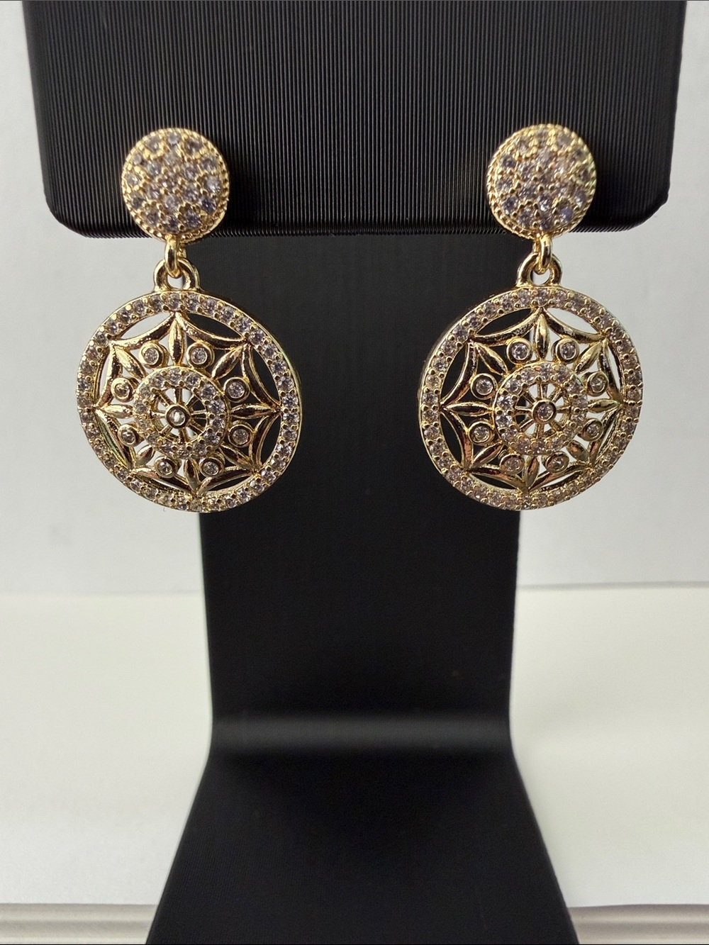 Gold Filigree Disc Drop Earrings with Clear Crystals